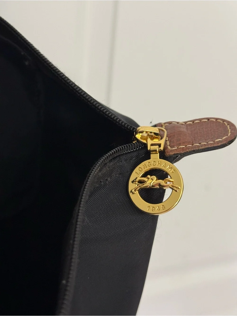 Longchamp Black Nylon Backpack with Brown Leather Trim